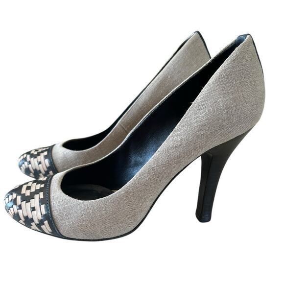 TORY BURCH Woven Leather 3" Stiletto Heels Pumps Sz 9 Blue Tan Round Cap Toe - Picture 3 of 9